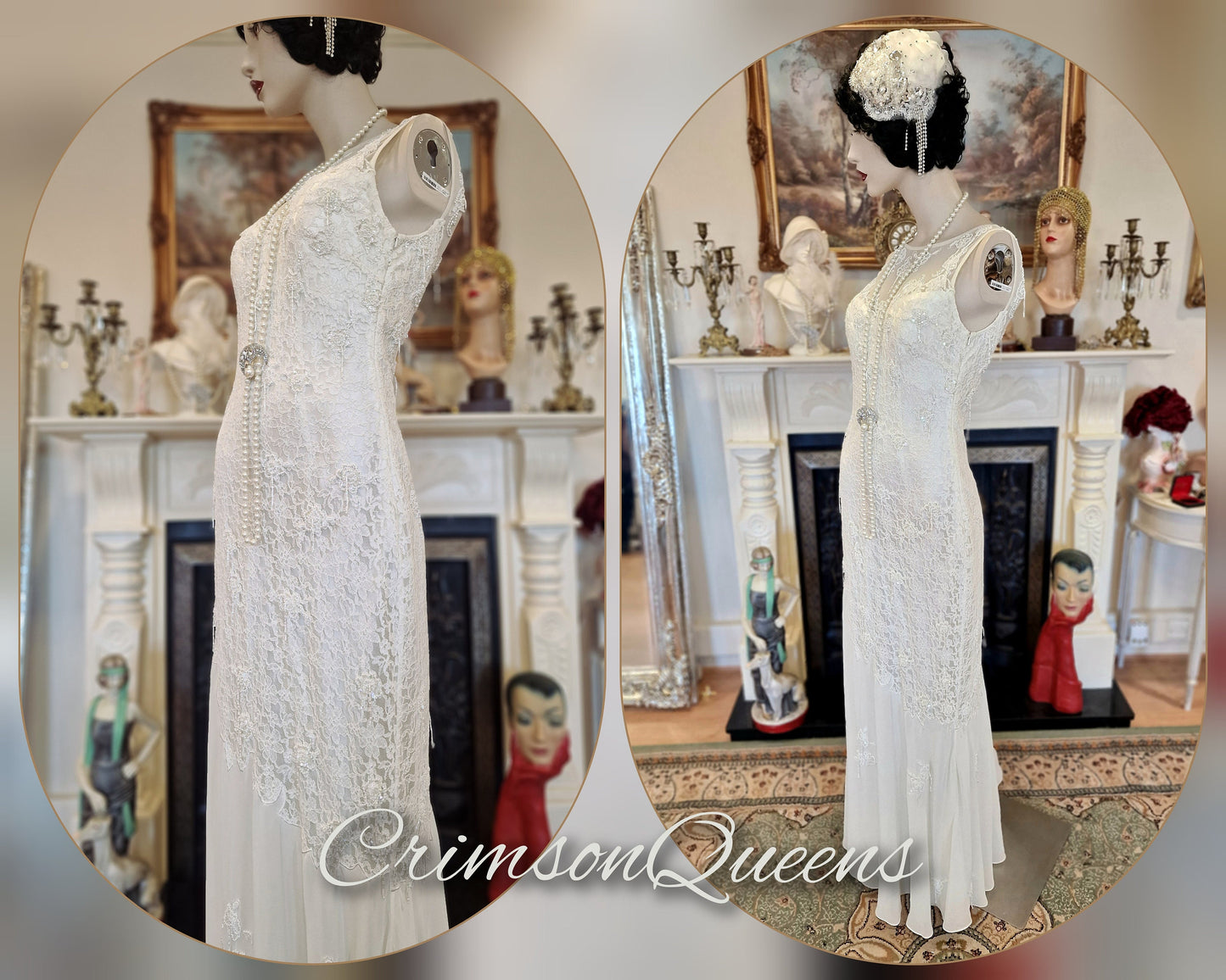 Art Deco vintage 1920s Downton Abbey bride off-white wedding bridal dress beaded flapper 100% silk Great Gatsby size UK 8 10 US 4 6