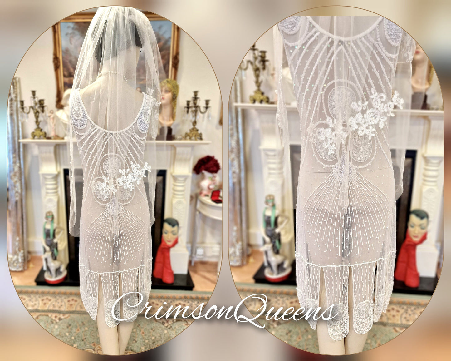 1920's Bride White Wedding Bridal Dress Fully Beaded Flapper Great Gatsby Charleston Jazz Era Prohibition Size UK 6 US 10
