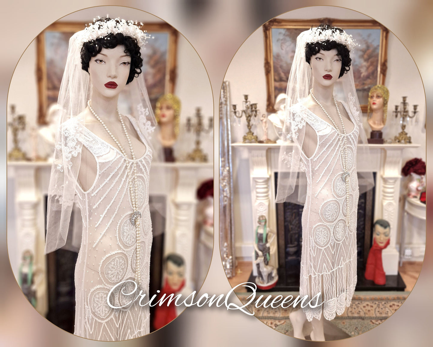 1920's Bride White Wedding Bridal Dress Fully Beaded Flapper Great Gatsby Charleston Jazz Era Prohibition Size UK 6 US 10