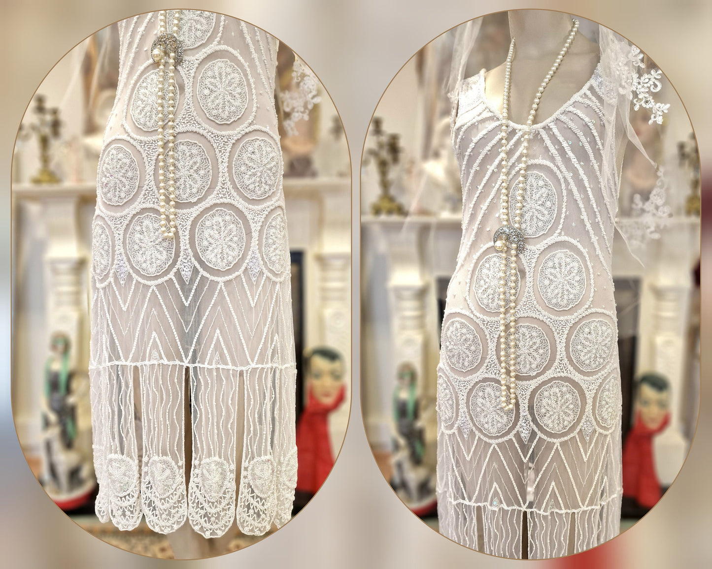 1920's Bride White Wedding Bridal Dress Fully Beaded Flapper Great Gatsby Charleston Jazz Era Prohibition Size UK 6 US 10