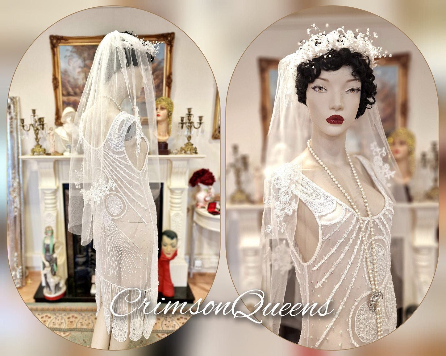 1920's Bride White Wedding Bridal Dress Fully Beaded Flapper Great Gatsby Charleston Jazz Era Prohibition Size UK 6 US 10