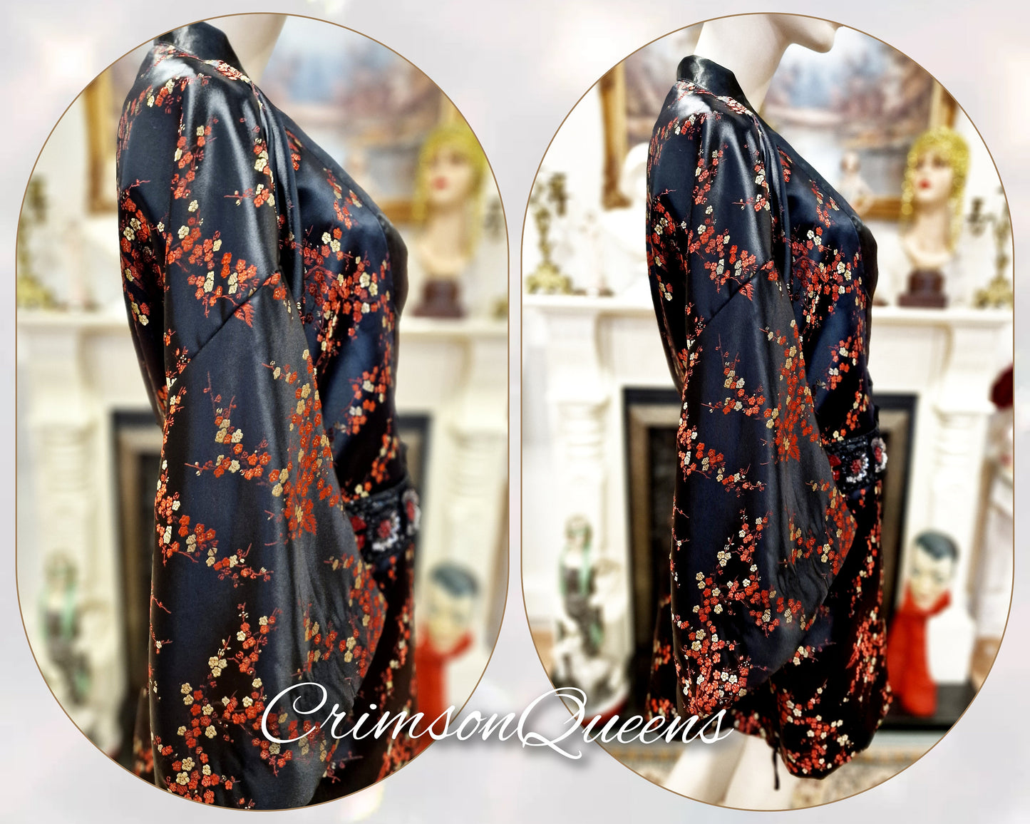 Vintage satin silk Japanese kimono 1920s Art Deco embroidered oriental Asian soft black duster coat with embellished belt UK 10 12 US 6 8