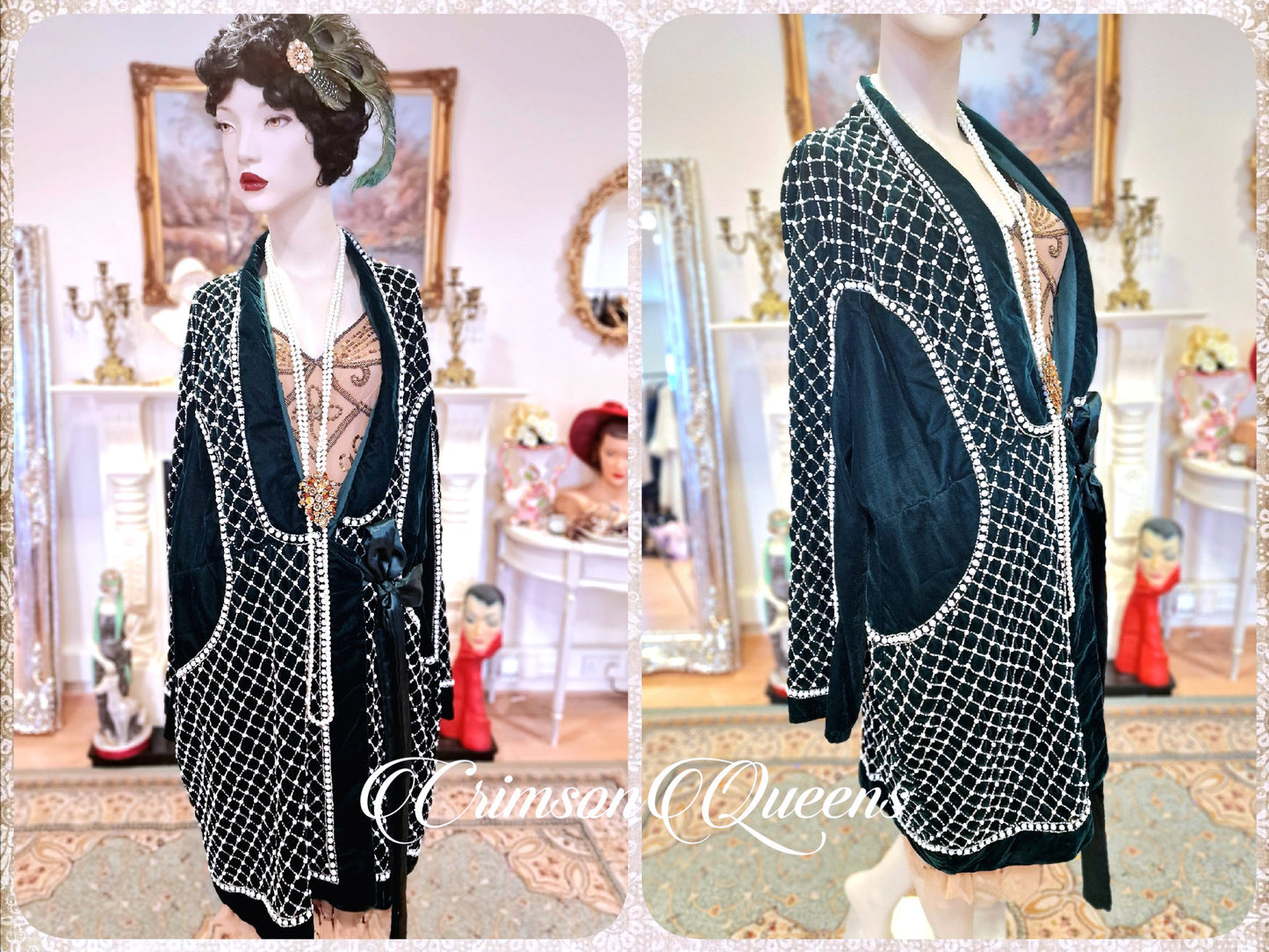 Art Deco 1920s vintage bottle green beaded pearl embellishments Downton Abbey Great Gatsy long jacket coat duster occasion size UK 14 US 10