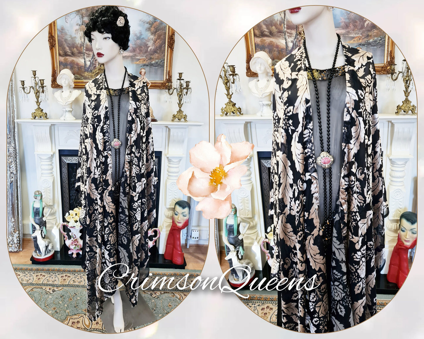 Vintage black silver oriental Art Deco silk Devore damask statement duster 1920s piano flapper wrap shawl