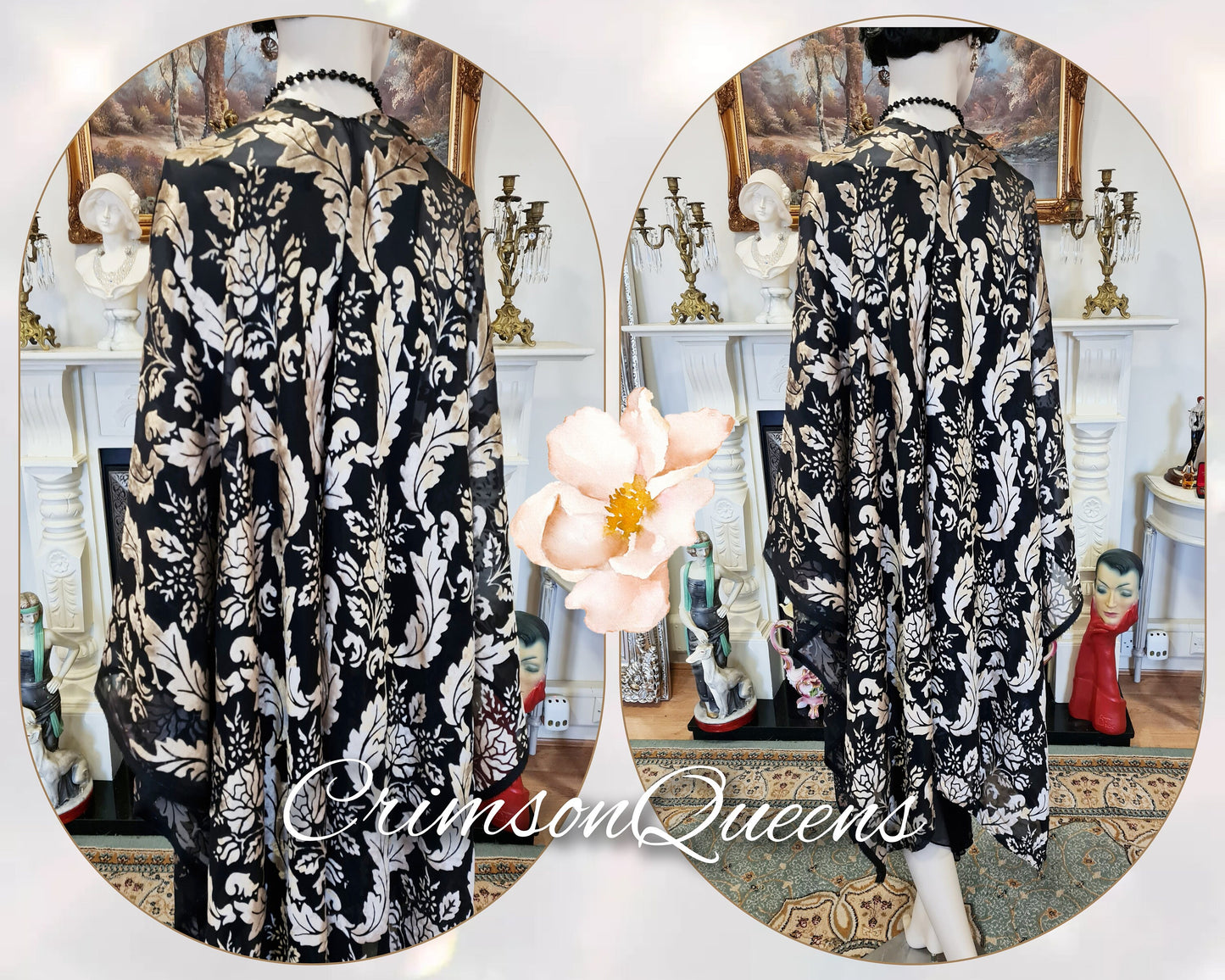 Vintage black silver oriental Art Deco silk Devore damask statement duster 1920s piano flapper wrap shawl
