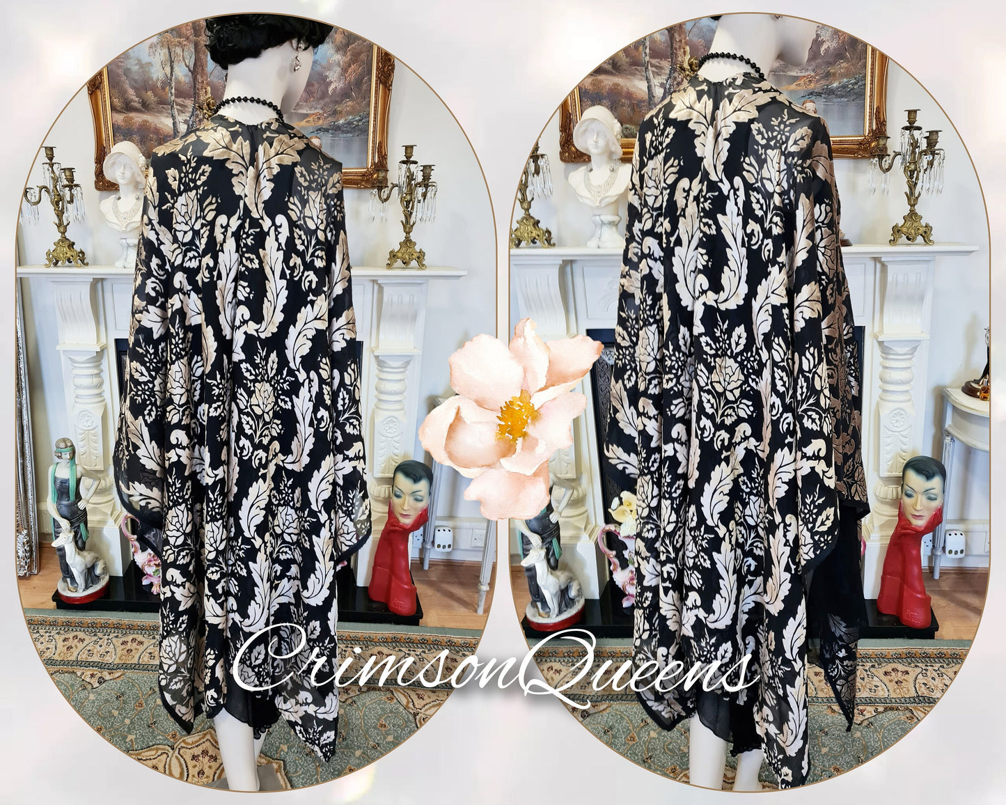 Vintage black silver oriental Art Deco silk Devore damask statement duster 1920s piano flapper wrap shawl