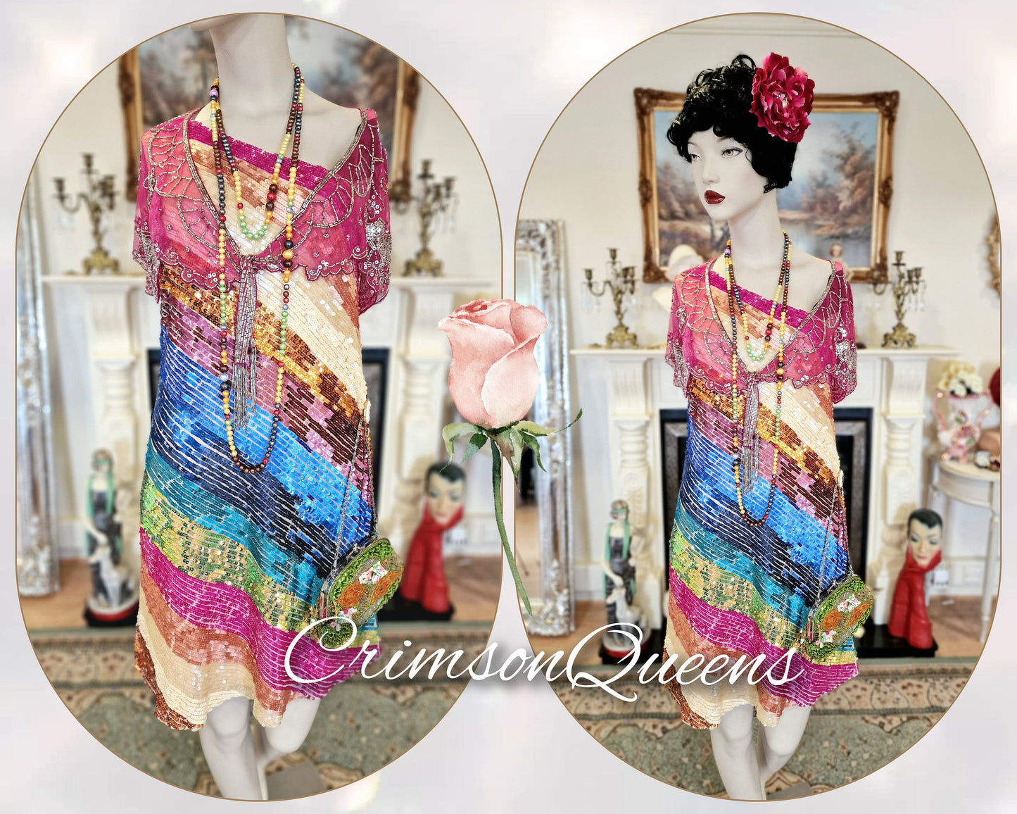 Vintage silk 1920s flapper silk Downton Abbey Great Gatsby beaded turquoise ocean blue embellished evening gown dress Size UK 16 US 12