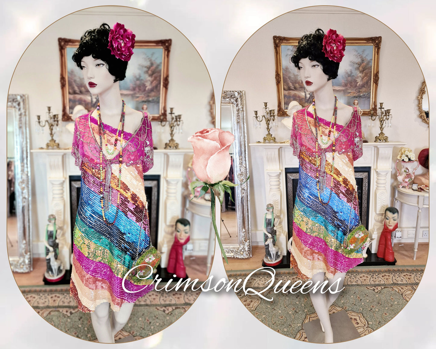 Vintage silk 1920s flapper silk Downton Abbey Great Gatsby beaded turquoise ocean blue embellished evening gown dress Size UK 16 US 12