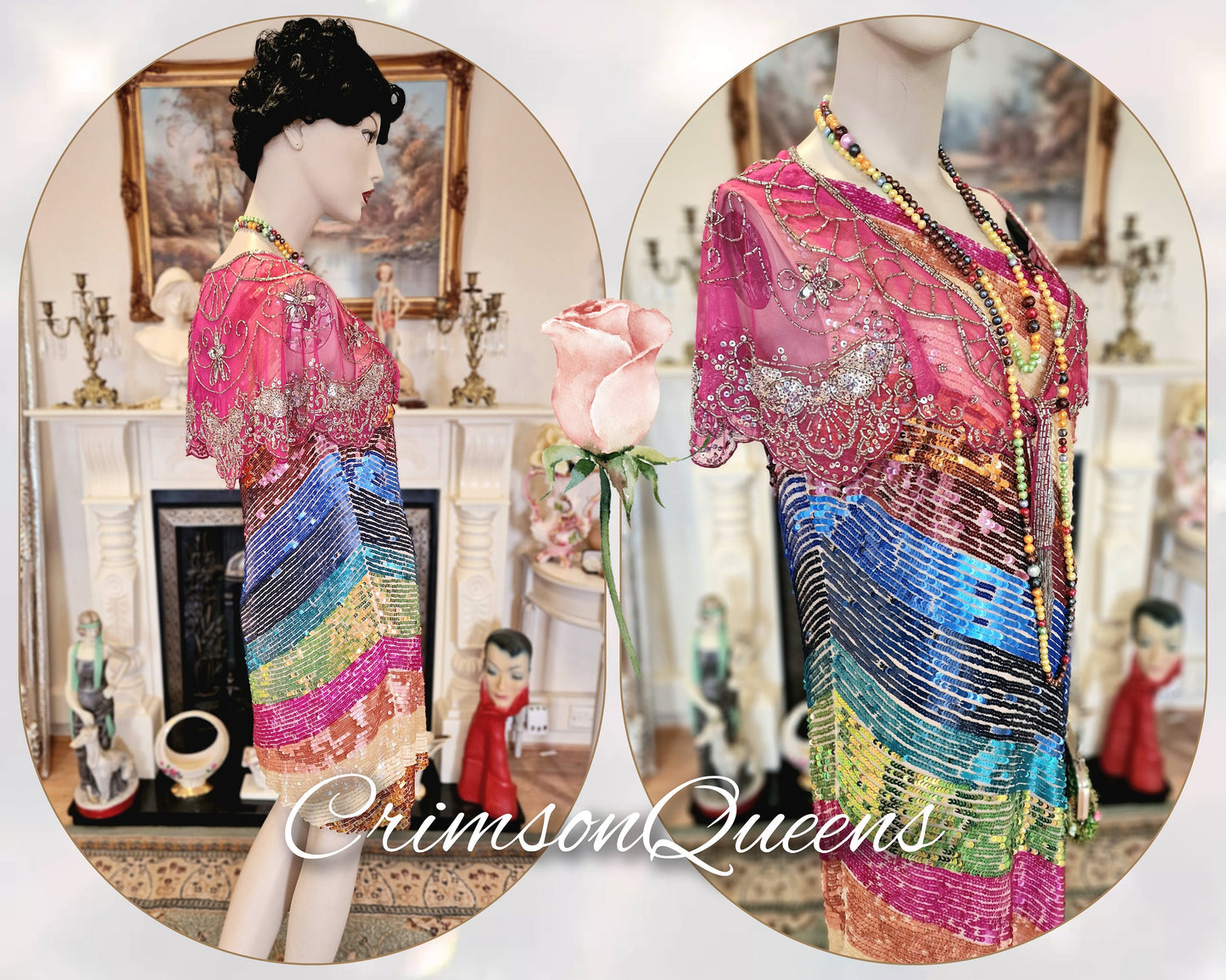Vintage silk 1920s flapper silk Downton Abbey Great Gatsby beaded turquoise ocean blue embellished evening gown dress Size UK 16 US 12