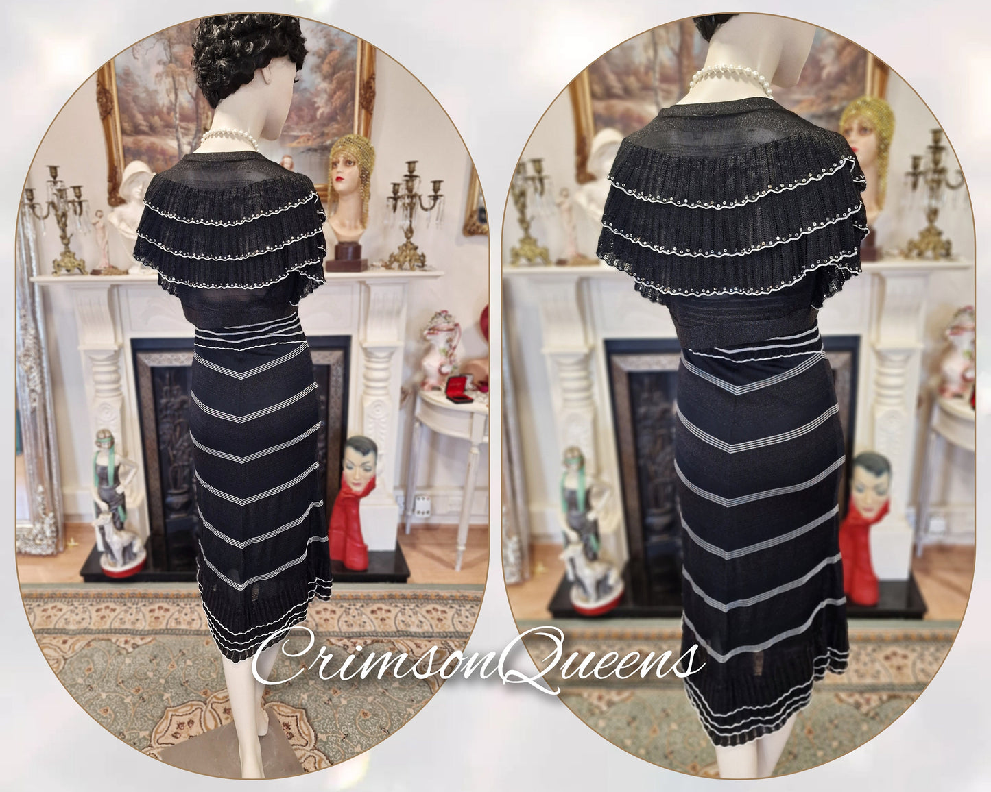 Art Deco Great Gatsby flapper navy blue nautical silver 1920's vintage flapper day dress size UK 8 10 US 4 6