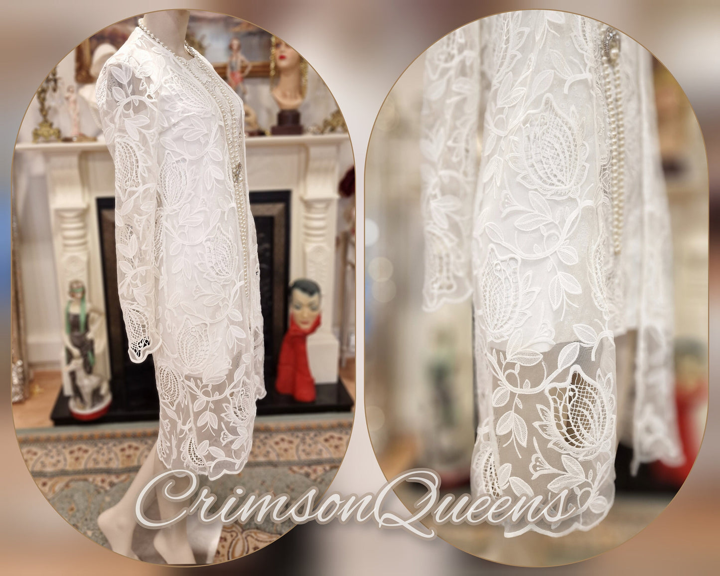 Art Deco Vintage 1920s 1970s Lace Beaded Downton Abbey Great Gatsby flapper wedding dress size UK 6 US 2