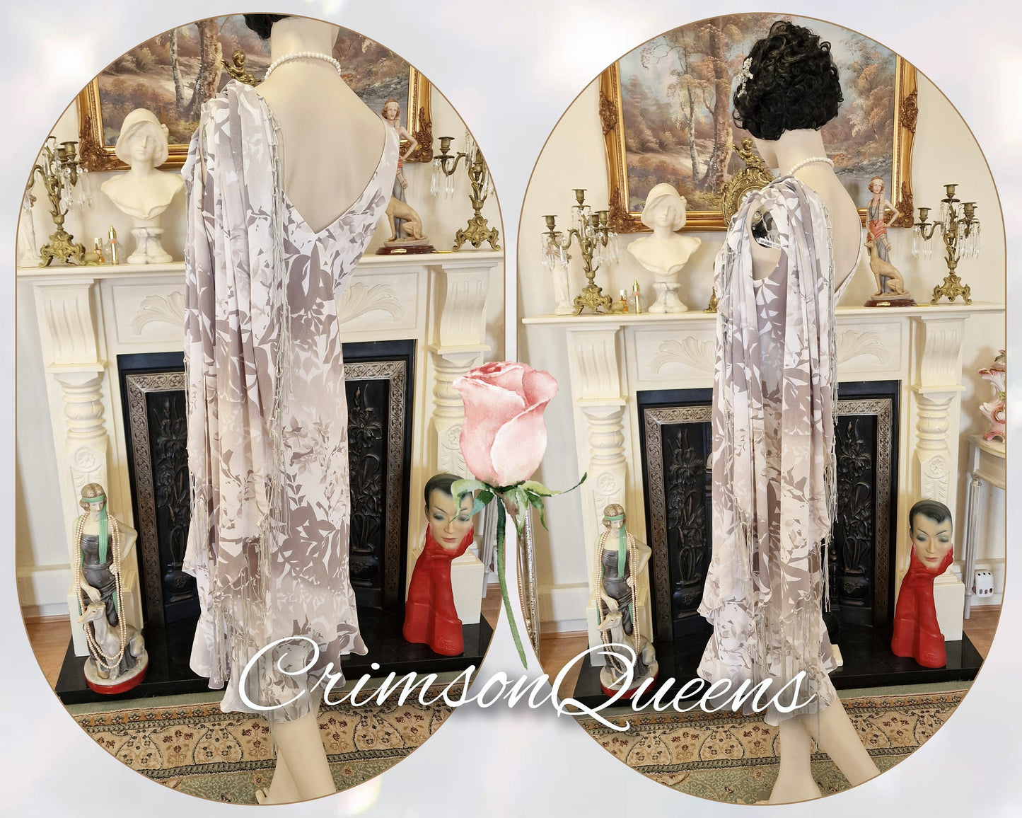 Vintage Great Gatsbybeige dusty pink tiered frill romantic 1920s flapper Downton Abbey dress and piano tassel shawl set size UK 14 US 10