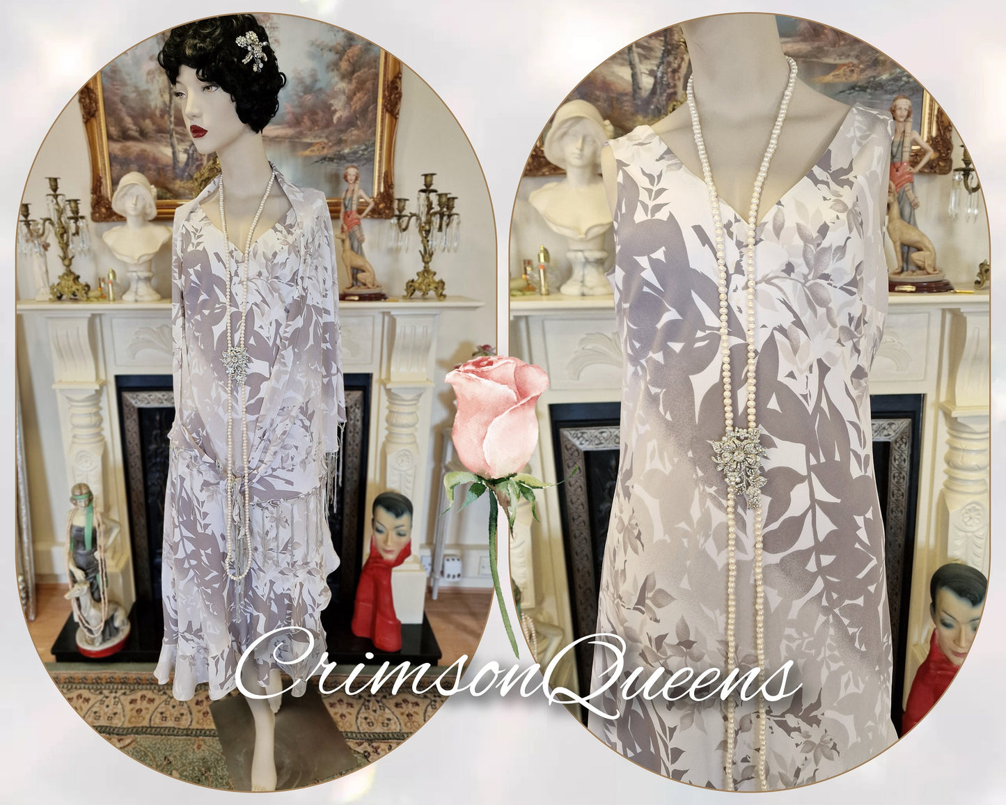 Vintage Great Gatsbybeige dusty pink tiered frill romantic 1920s flapper Downton Abbey dress and piano tassel shawl set size UK 14 US 10