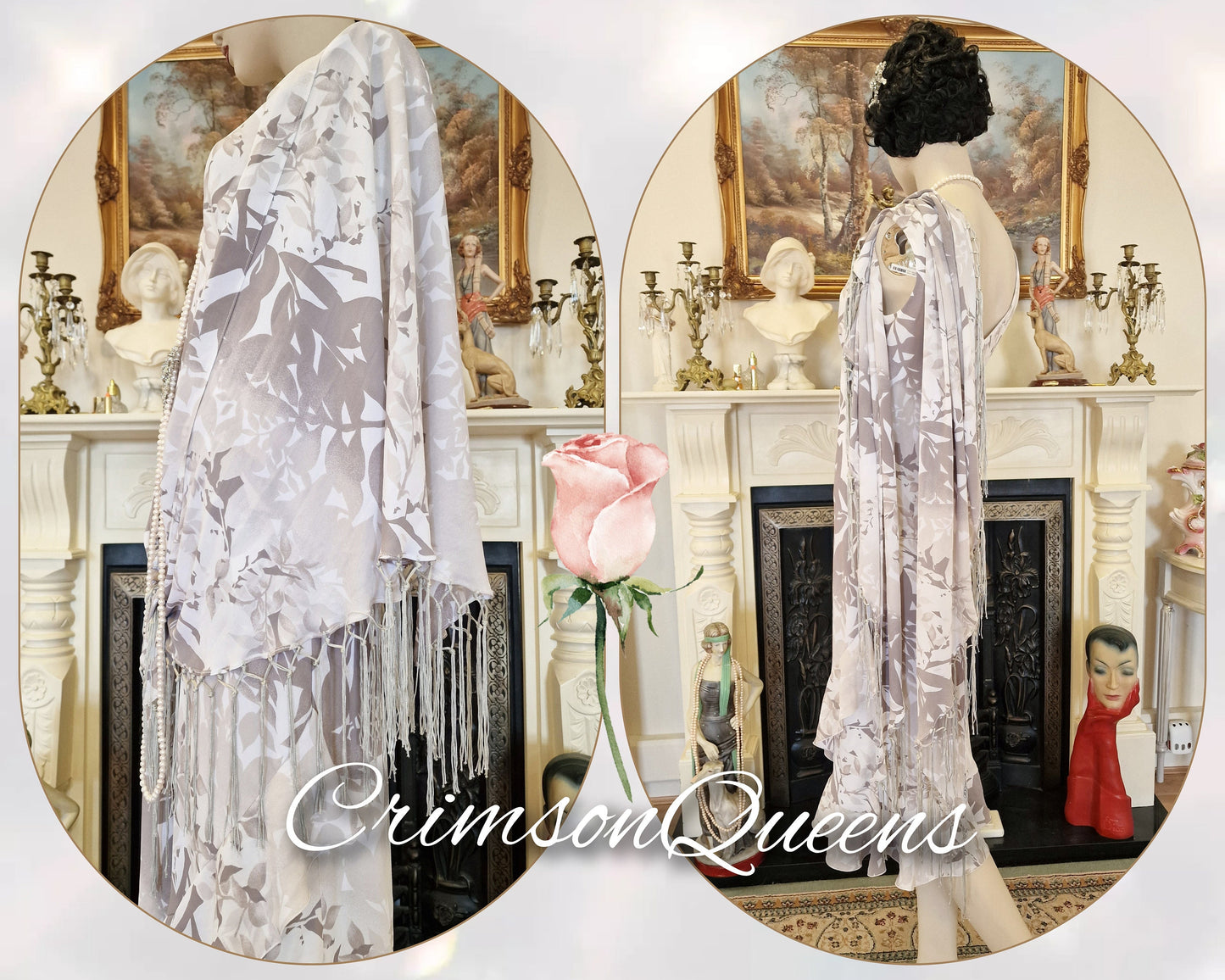 Vintage Great Gatsbybeige dusty pink tiered frill romantic 1920s flapper Downton Abbey dress and piano tassel shawl set size UK 14 US 10