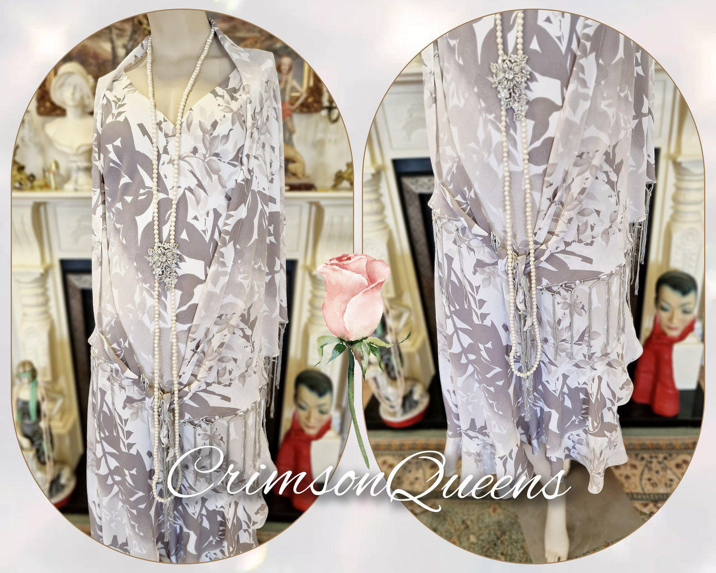 Vintage Great Gatsbybeige dusty pink tiered frill romantic 1920s flapper Downton Abbey dress and piano tassel shawl set size UK 14 US 10
