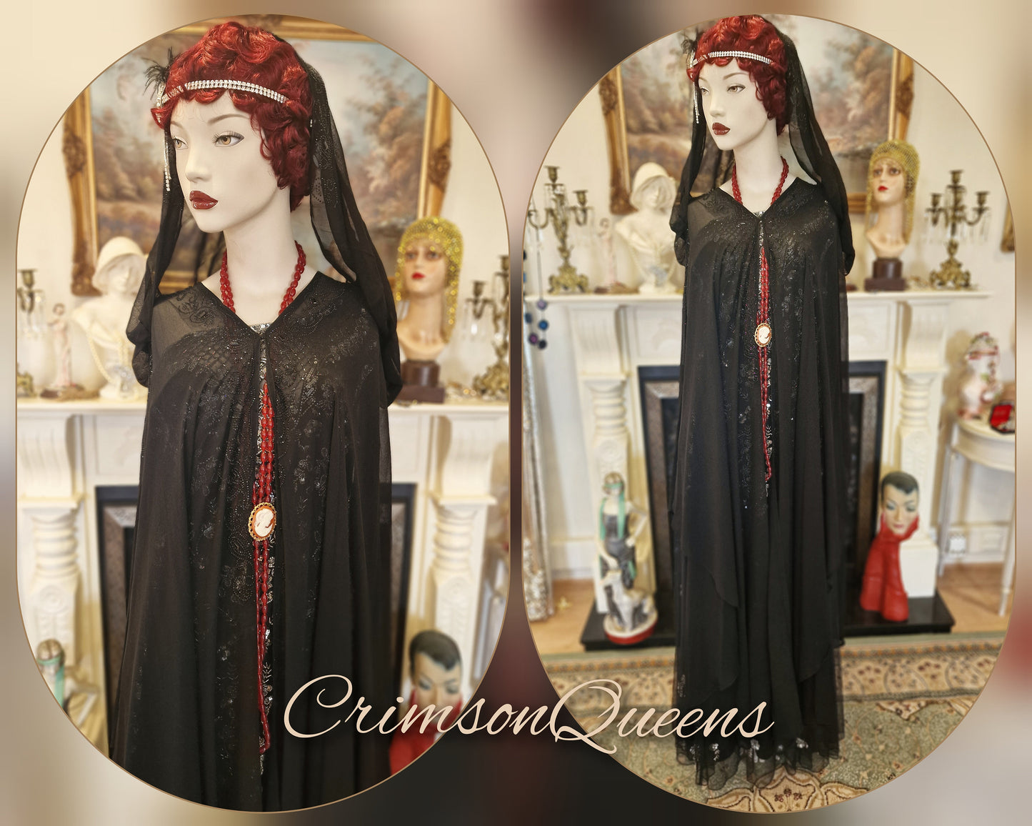 Vintage sheer black Art Deco Maxi 1920s flapper long jacket duster coat black beaded embellishments size UK 18 20 22 24 US 14 16 18 20