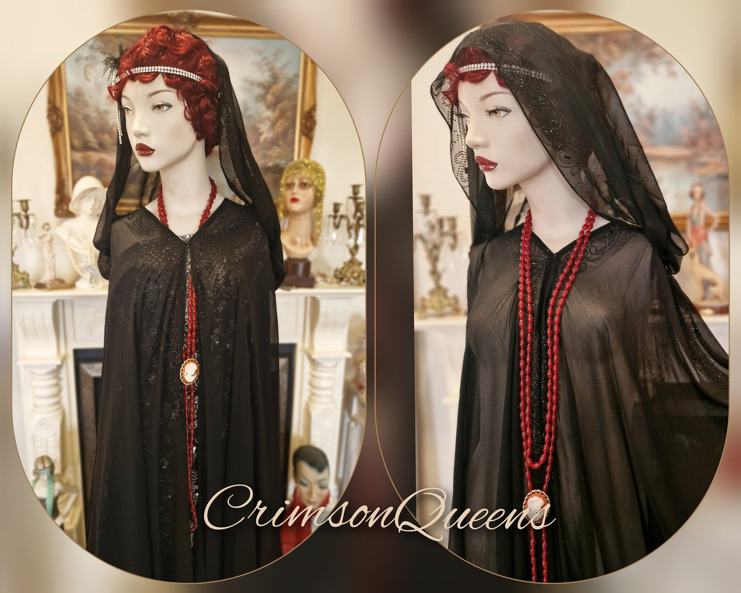 Vintage sheer black Art Deco Maxi 1920s flapper long jacket duster coat black beaded embellishments size UK 18 20 22 24 US 14 16 18 20