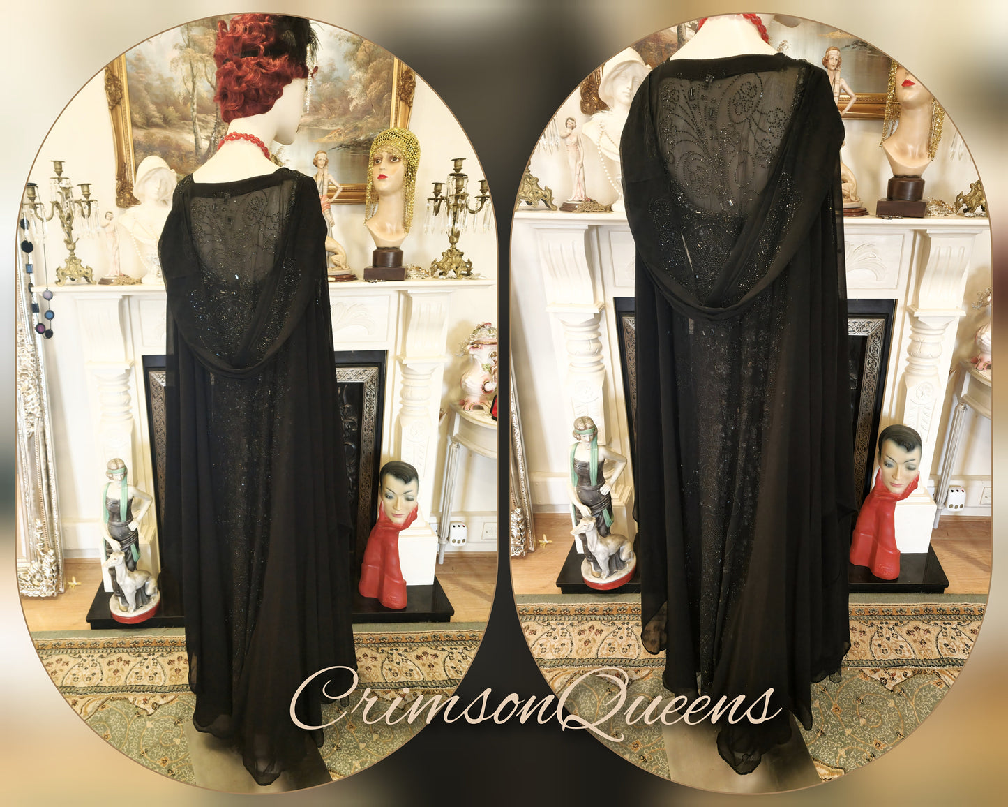 Vintage sheer black Art Deco Maxi 1920s flapper long jacket duster coat black beaded embellishments size UK 18 20 22 24 US 14 16 18 20