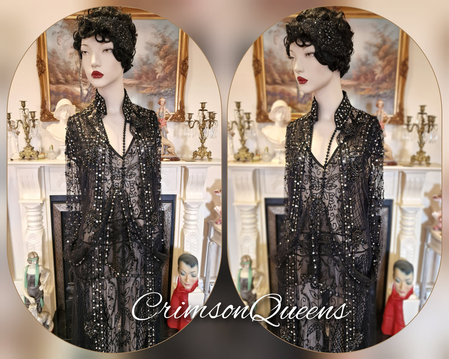 Vintage Downton Abbey Great Gatsby black beaded sheer mesh dress 1920s flapper ensemble with Art Deco lace duster size UK 10 12 US 6 8