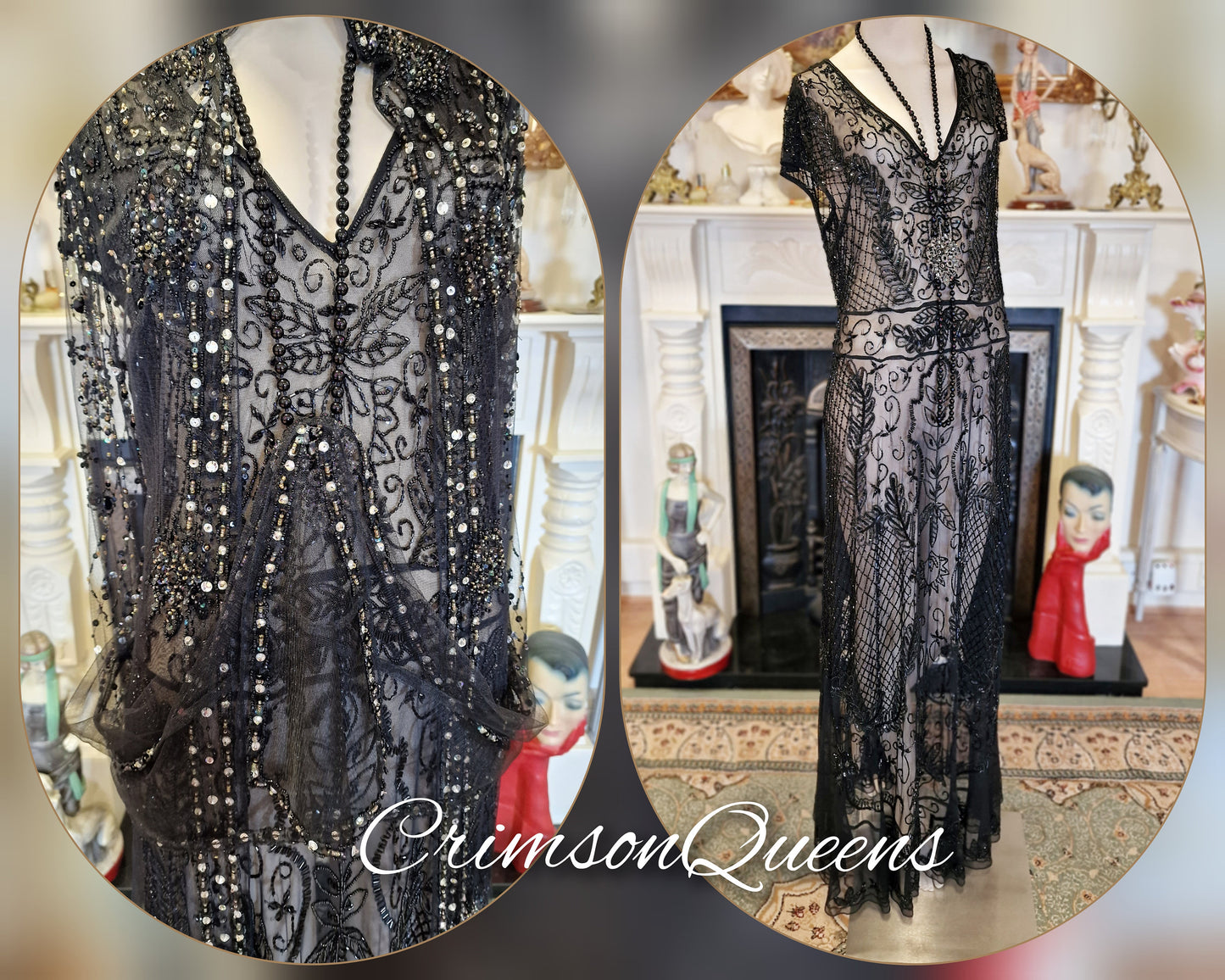 Vintage Downton Abbey Great Gatsby black beaded sheer mesh dress 1920s flapper ensemble with Art Deco lace duster size UK 10 12 US 6 8