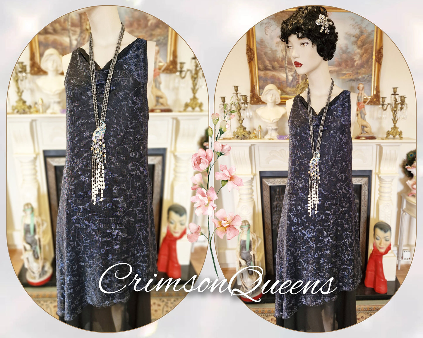 Art Deco dress Flapper dress Downton Abbey dress 1920s dress Blue Great Gatsby dress Beaded Vintage Dress Size UK 12 14 US 8 10