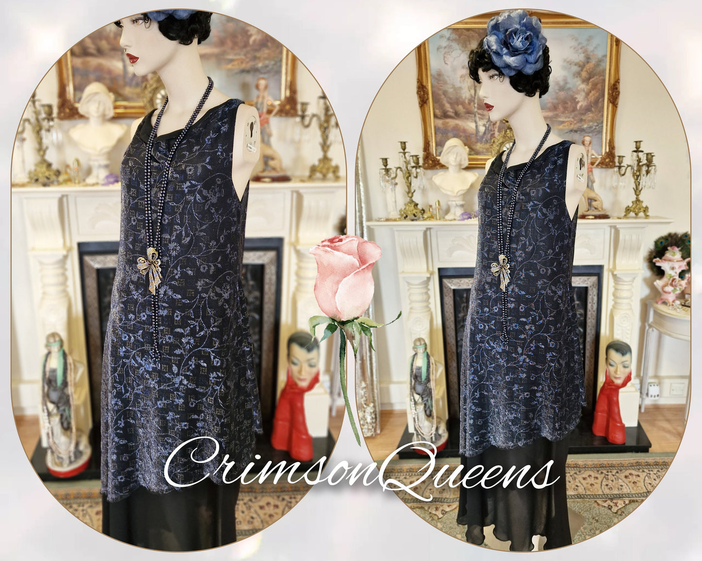 Art Deco dress Flapper dress Downton Abbey dress 1920s dress Blue Great Gatsby dress Beaded Vintage Dress Size UK 12 14 US 8 10