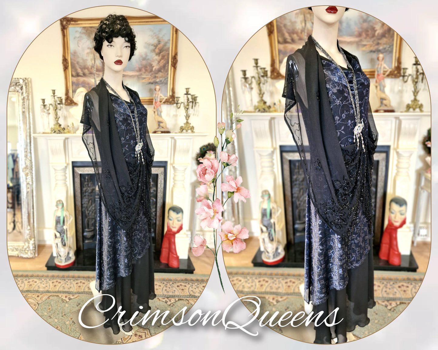 Art Deco dress Flapper dress Downton Abbey dress 1920s dress Blue Great Gatsby dress Beaded Vintage Dress Size UK 12 14 US 8 10