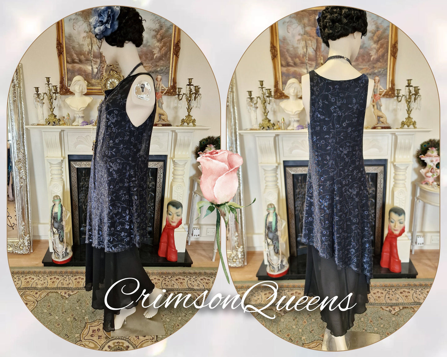 Art Deco dress Flapper dress Downton Abbey dress 1920s dress Blue Great Gatsby dress Beaded Vintage Dress Size UK 12 14 US 8 10