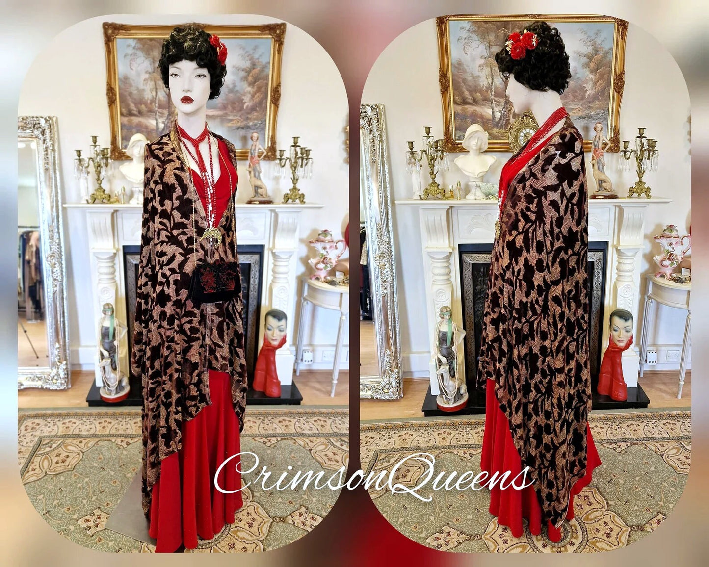 Vintage burgundy black oriental Art Deco silk devore damaks statement duster 1920s piano flapper wrap shawl