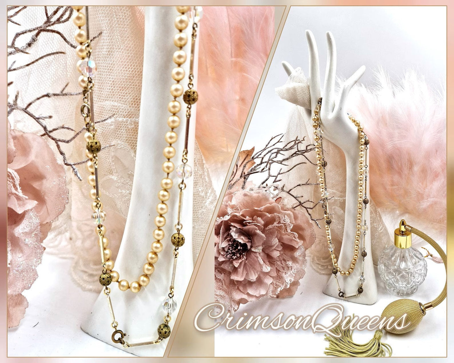 Stunning cut crystals glass necklace together with antique white glass simulated pearl necklace