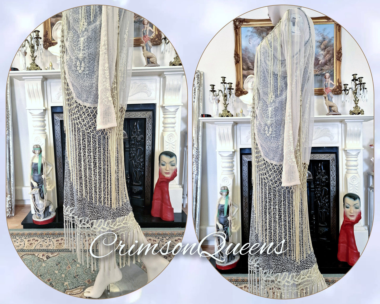 Original beige cream bohemian gypsy hippie Great Gatsby embroidered long lace duster coat flapper 1920s vintage with tassels