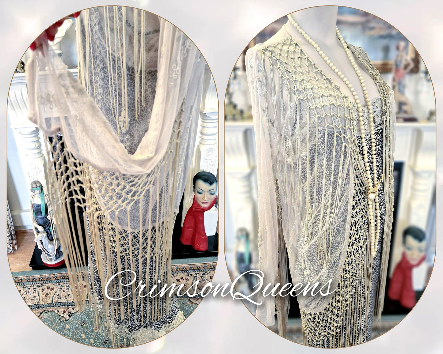 Original beige cream bohemian gypsy hippie Great Gatsby embroidered long lace duster coat flapper 1920s vintage with tassels