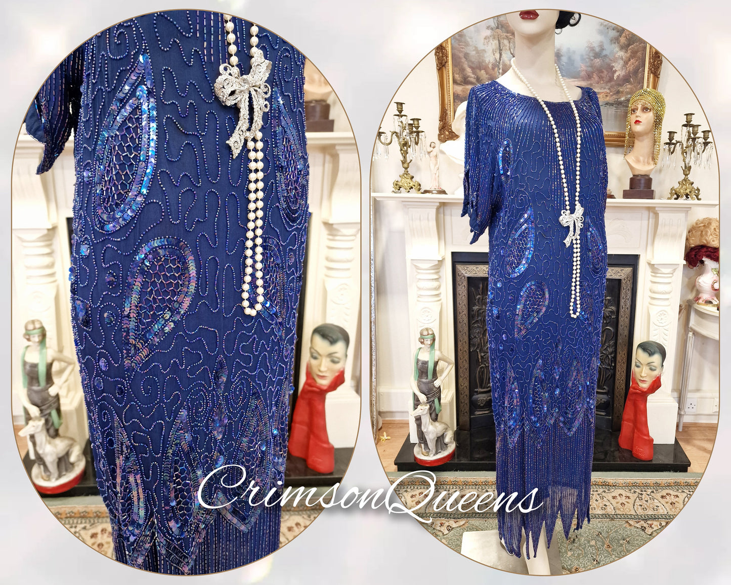 Art Deco dress Flapper dress Downton Abbey dress 1920s dress blue Great Gatsby dress heavily beaded vintage dress cize UK 14 16 US 10 12