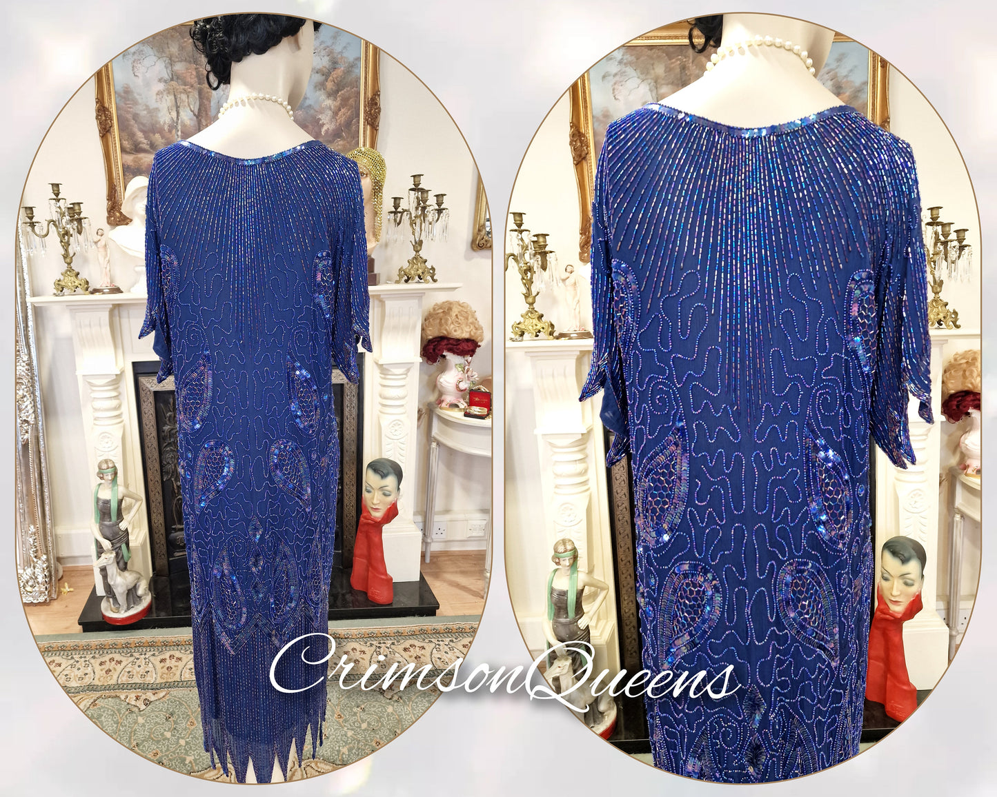Art Deco dress Flapper dress Downton Abbey dress 1920s dress blue Great Gatsby dress heavily beaded vintage dress cize UK 14 16 US 10 12