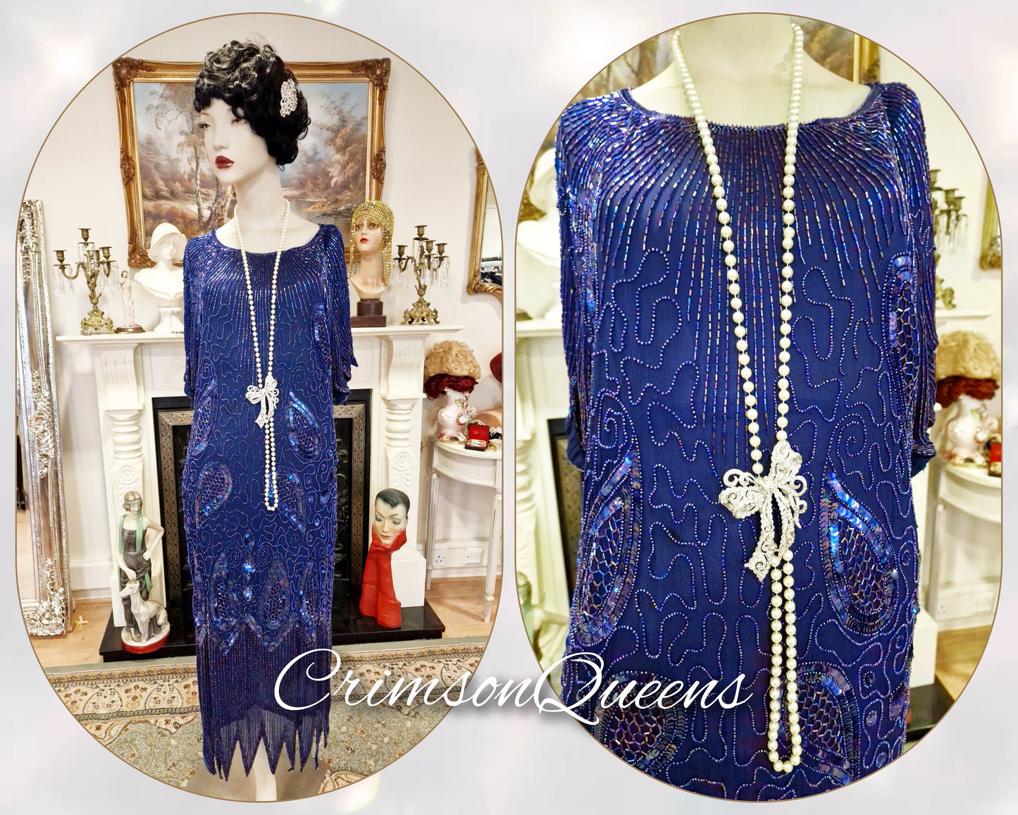 Art Deco dress Flapper dress Downton Abbey dress 1920s dress blue Great Gatsby dress heavily beaded vintage dress cize UK 14 16 US 10 12
