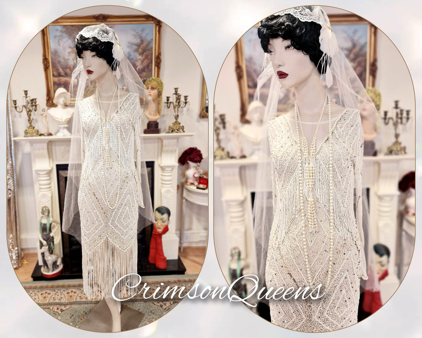 1920's Bride White Wedding Bridal Dress Fully Beaded Flapper Great Gatsby Charleston Jazz Era Prohibition Size UK 6 8 US 2 4