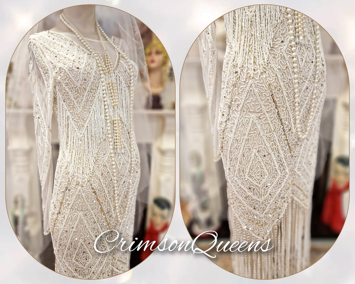 1920's Bride White Wedding Bridal Dress Fully Beaded Flapper Great Gatsby Charleston Jazz Era Prohibition Size UK 6 8 US 2 4