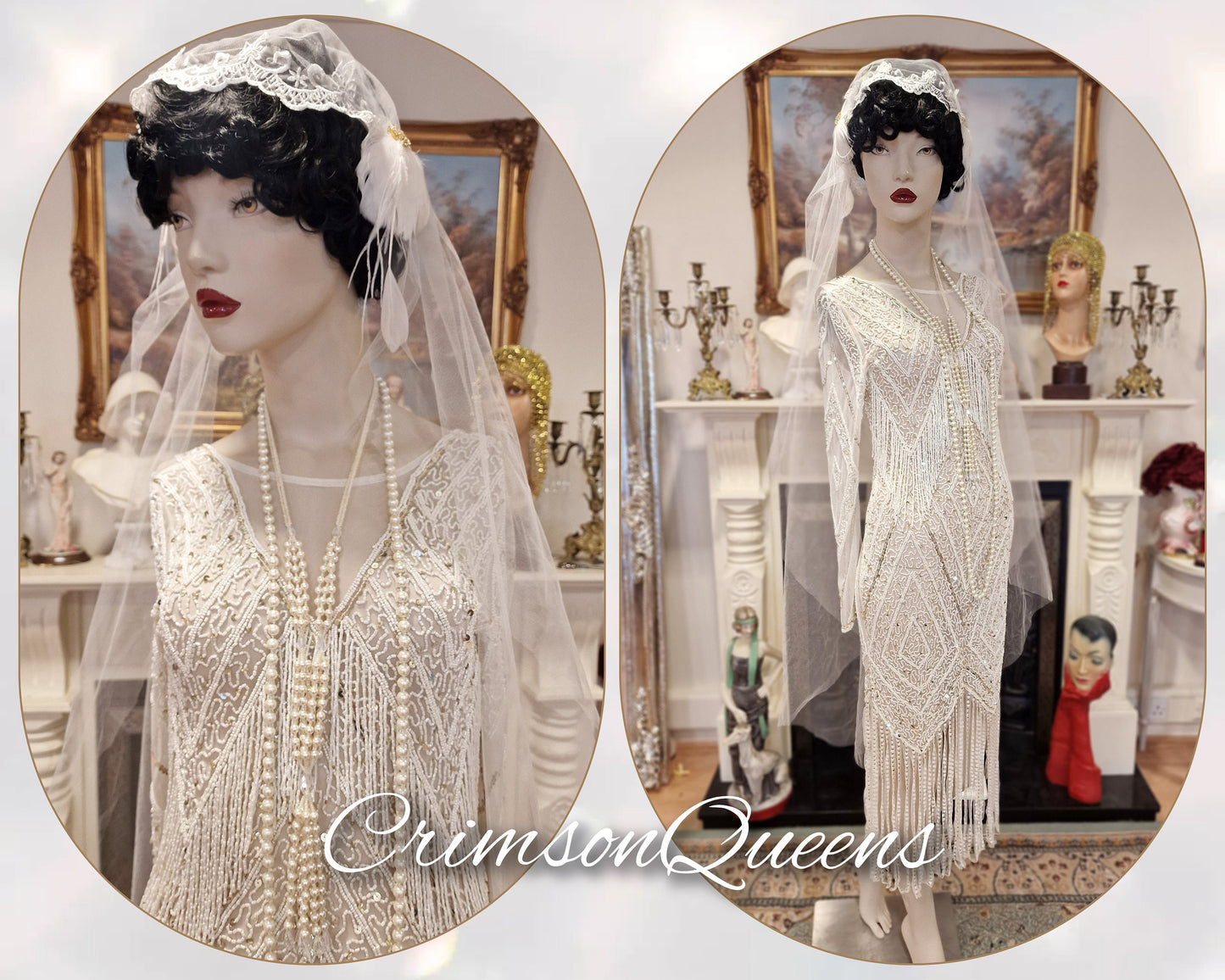 1920's Bride White Wedding Bridal Dress Fully Beaded Flapper Great Gatsby Charleston Jazz Era Prohibition Size UK 6 8 US 2 4