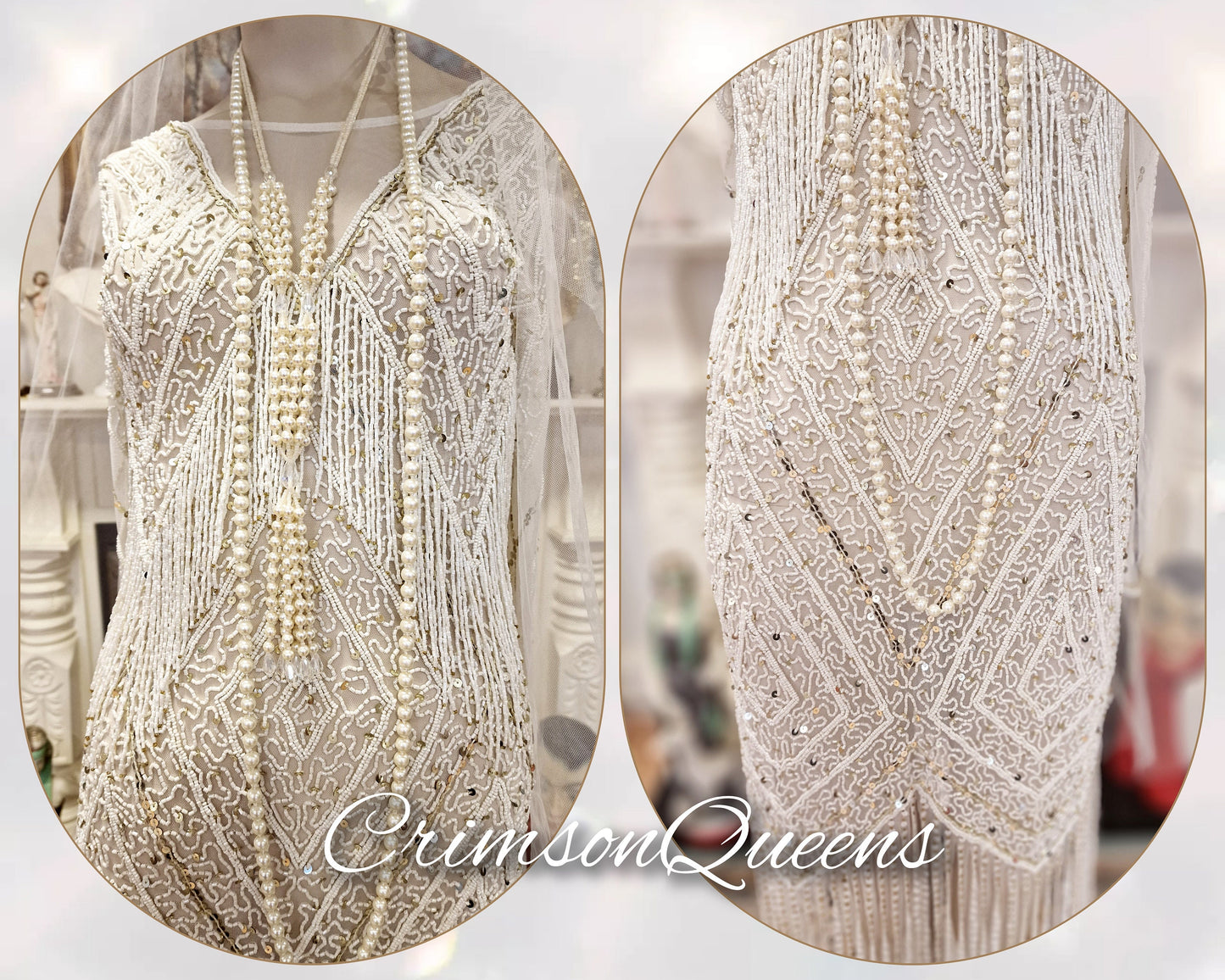 1920's Bride White Wedding Bridal Dress Fully Beaded Flapper Great Gatsby Charleston Jazz Era Prohibition Size UK 6 8 US 2 4
