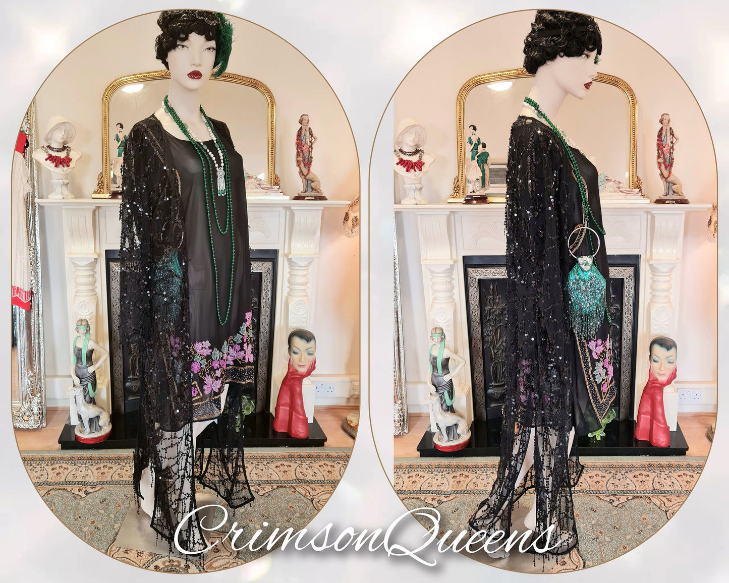 Vintage silk hand embroidered black sheer 1920s Great Gatsby flapper style dress size Uk 8 10 US 4 6
