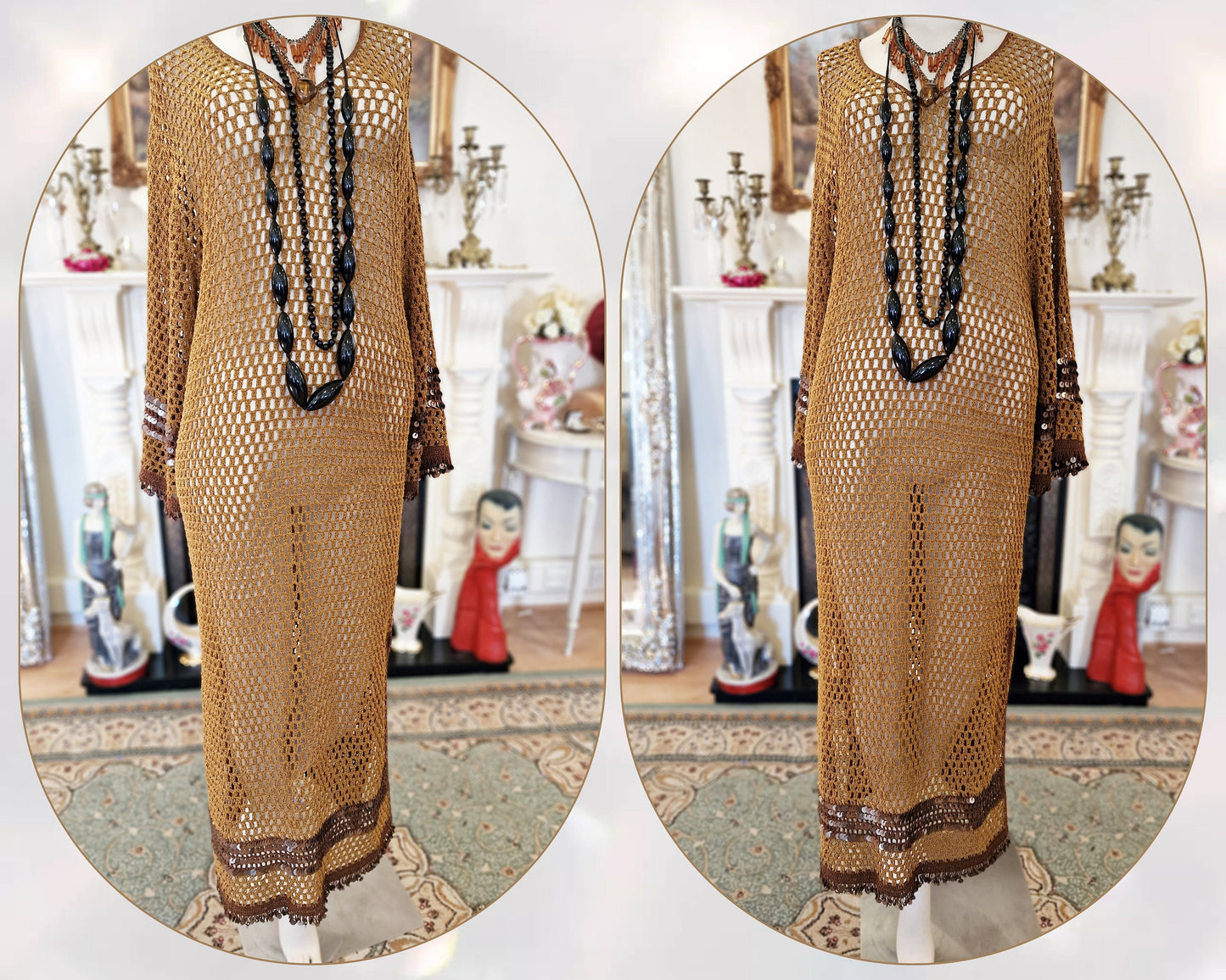 Vintage Golden bronze flapper Great GAtsby 1920s crochet Downton bohemian gypsy chic retro emmbellished 1920s dress size UK 10 US 6