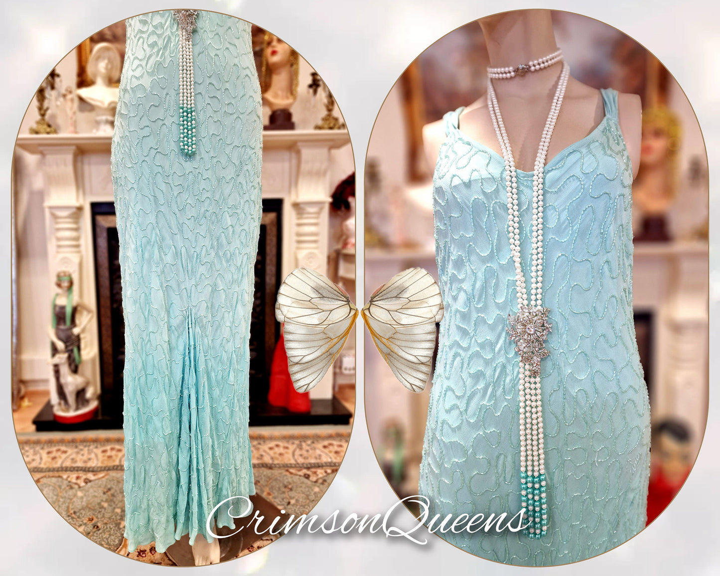 Flapper dress 1920s dress Great Gatsby dress Downton Abbey dress vintage mint green aqua beaded ethereal dress size UK 18 US 14
