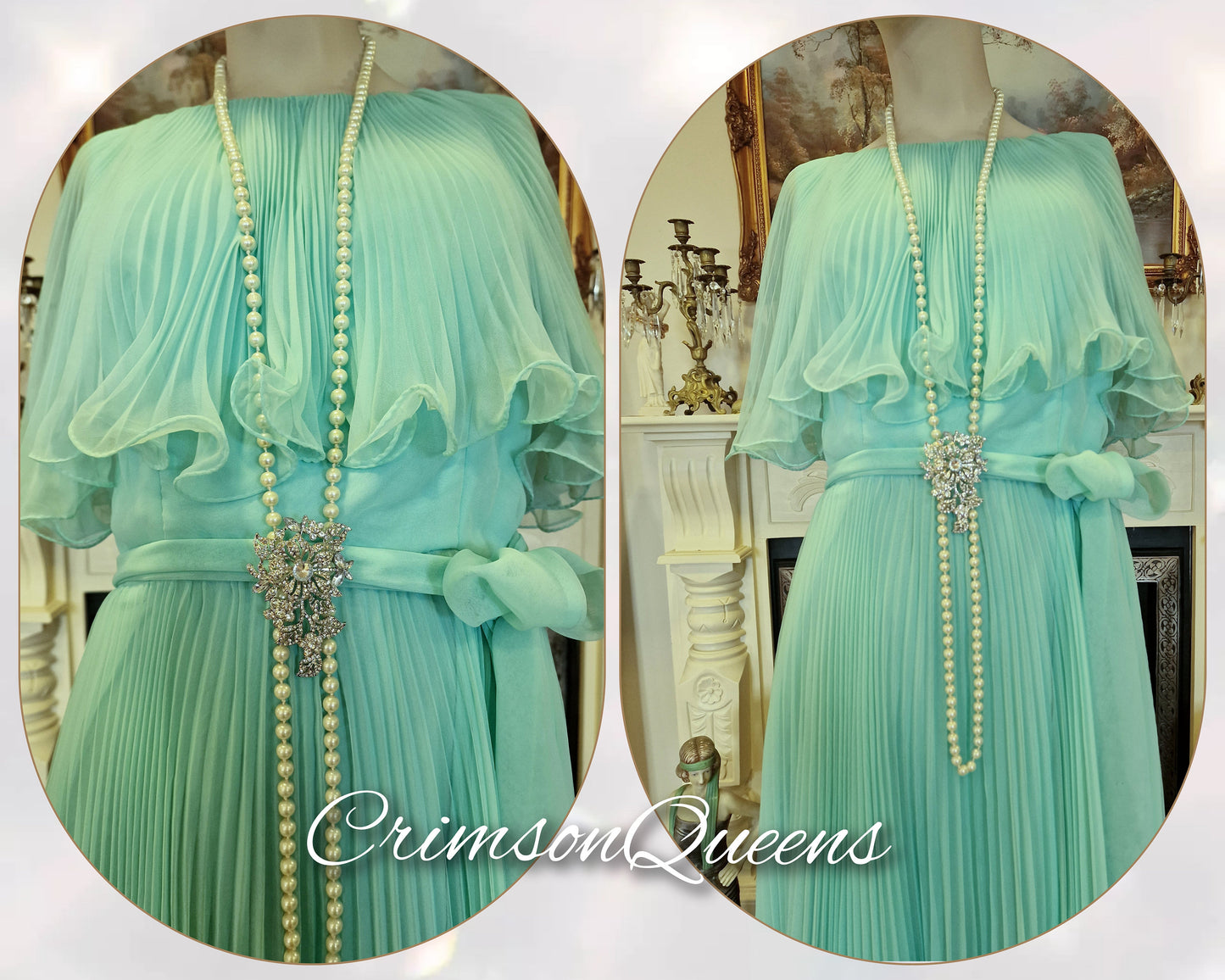 Vintage silk mint aqua green 1920's style ethereal floaty frilly ethereal summer cocktail garden flapper style dress size US 10 US 6