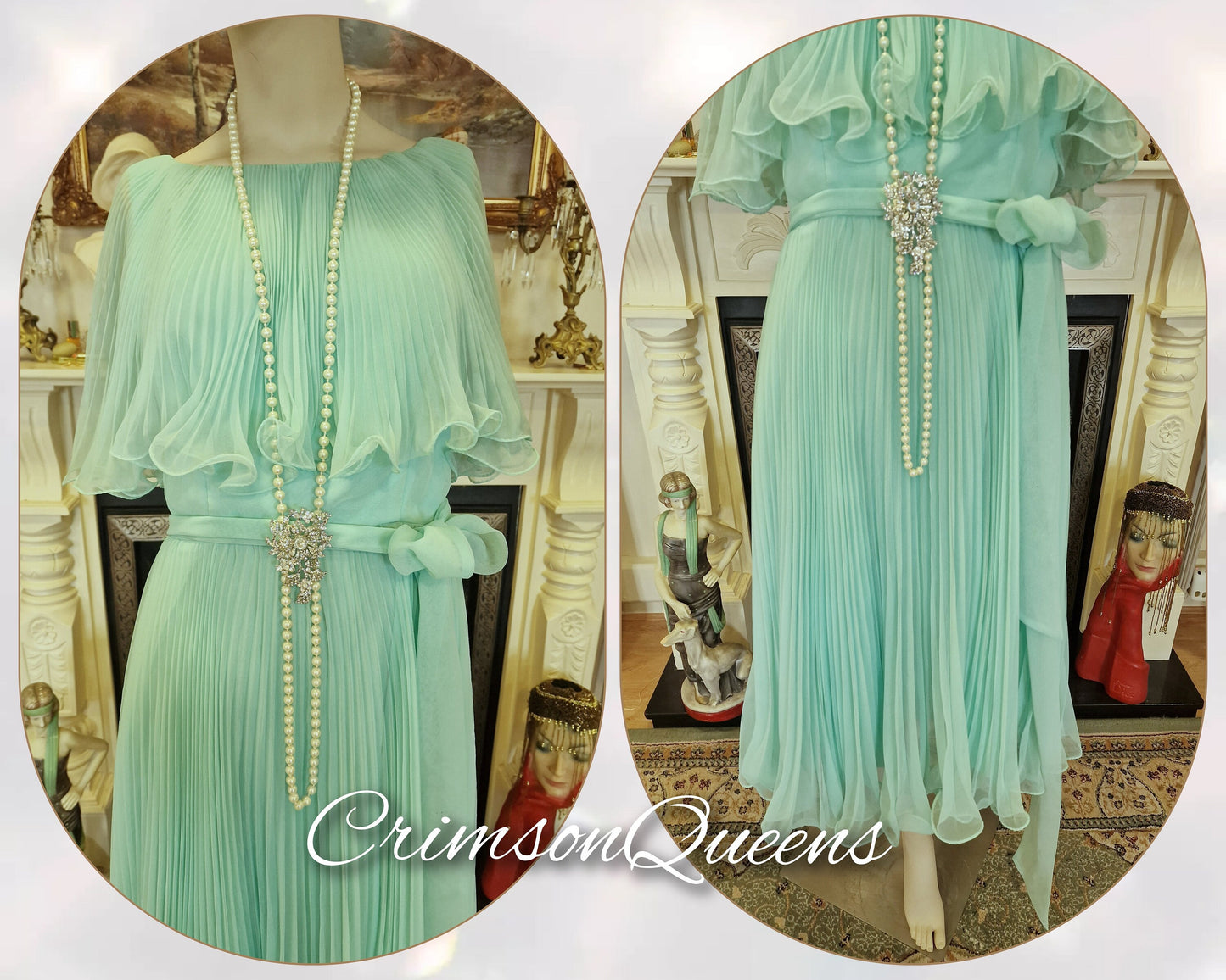 Vintage silk mint aqua green 1920's style ethereal floaty frilly ethereal summer cocktail garden flapper style dress size US 10 US 6
