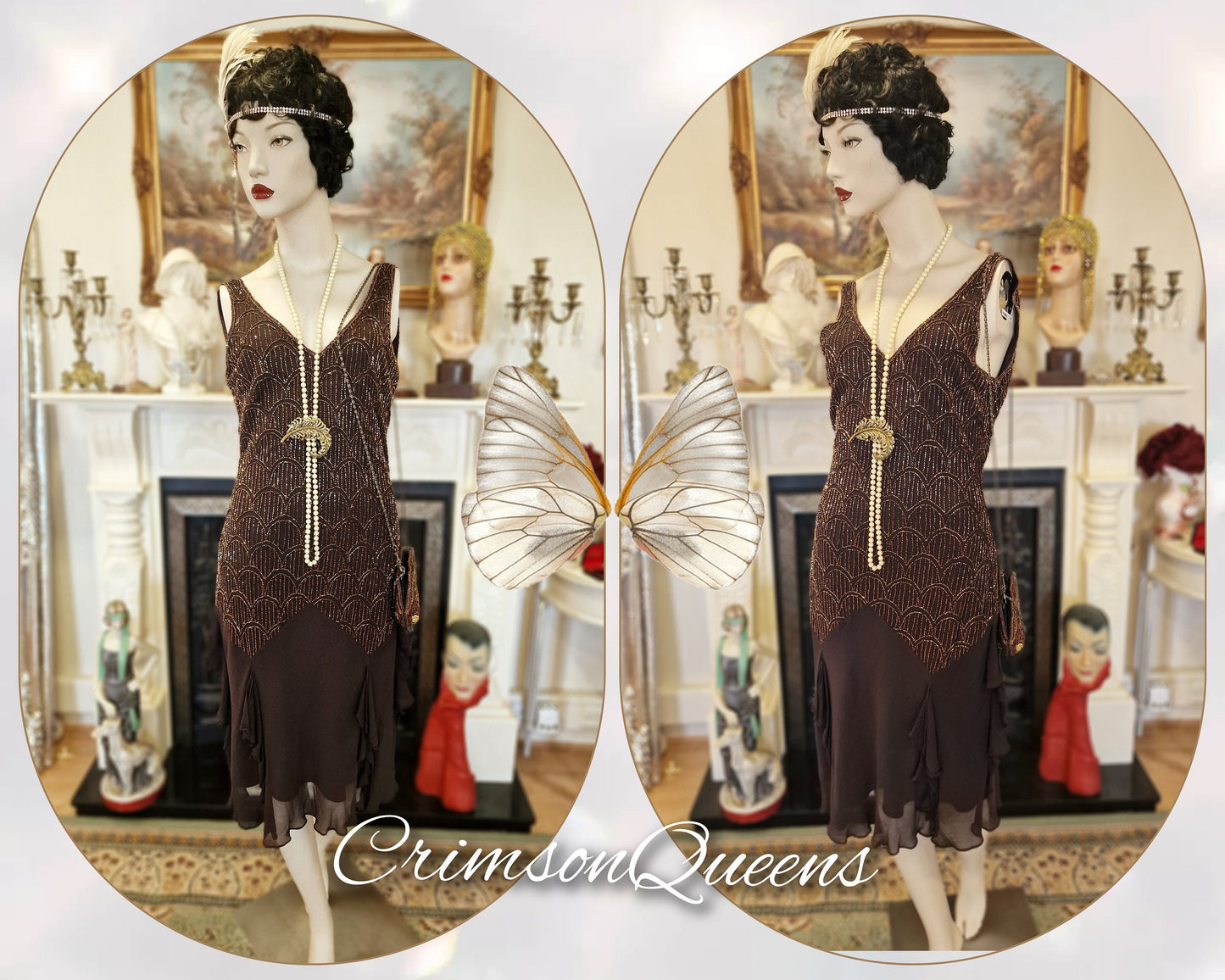 Art Deco vintage Downton Abbey all silk gold with beaded embellishments chocolate brown ethereal dress UK 10 US 6