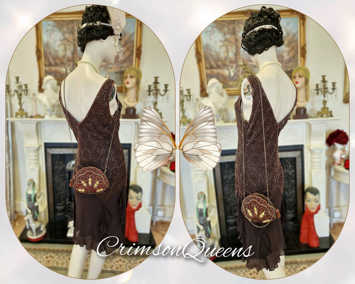 Art Deco vintage Downton Abbey all silk gold with beaded embellishments chocolate brown ethereal dress UK 10 US 6
