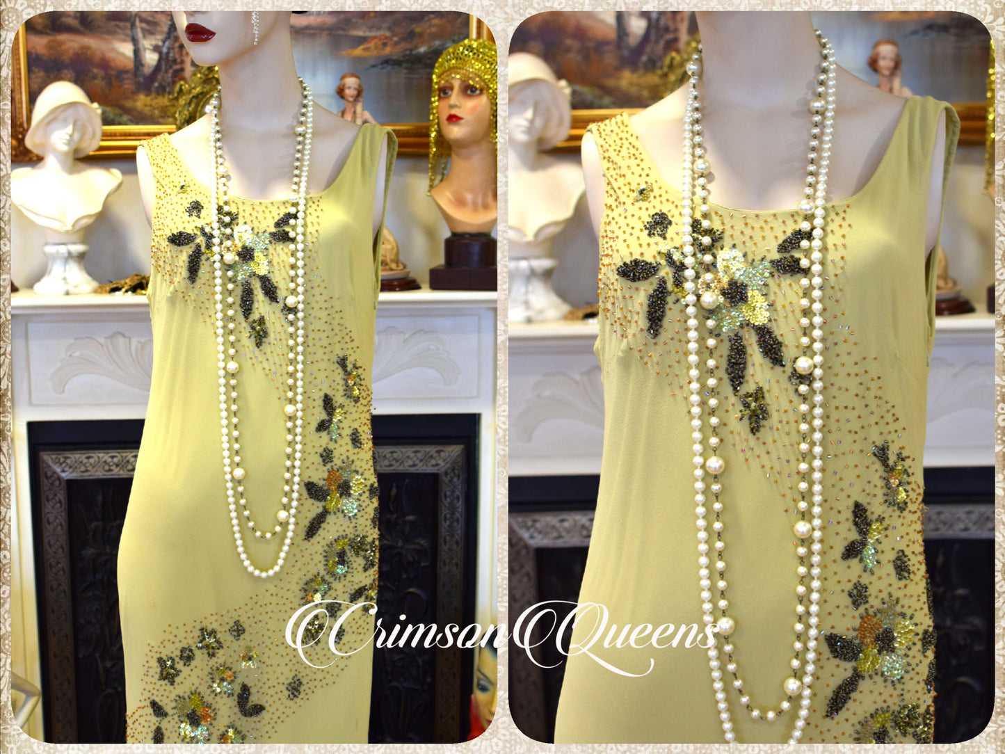 Vintage tea green statement dress flapper evening Downton Abbey 1920s cocktail garden party maxi dress UK 12 US 8