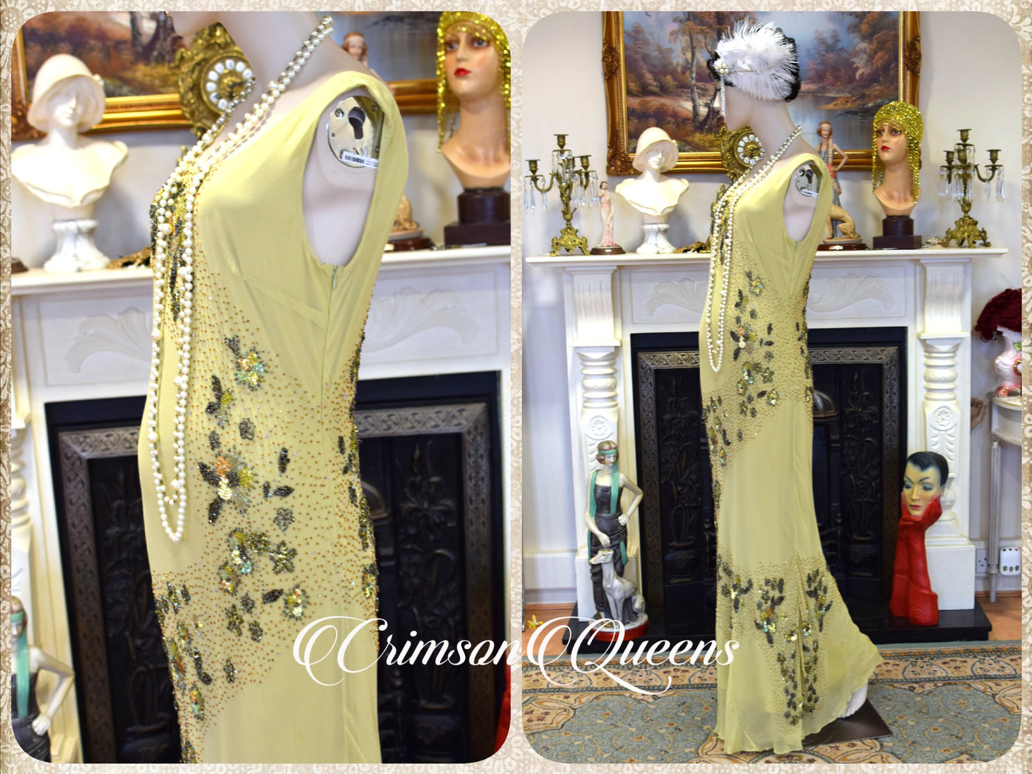 Vintage tea green statement dress flapper evening Downton Abbey 1920s cocktail garden party maxi dress UK 12 US 8