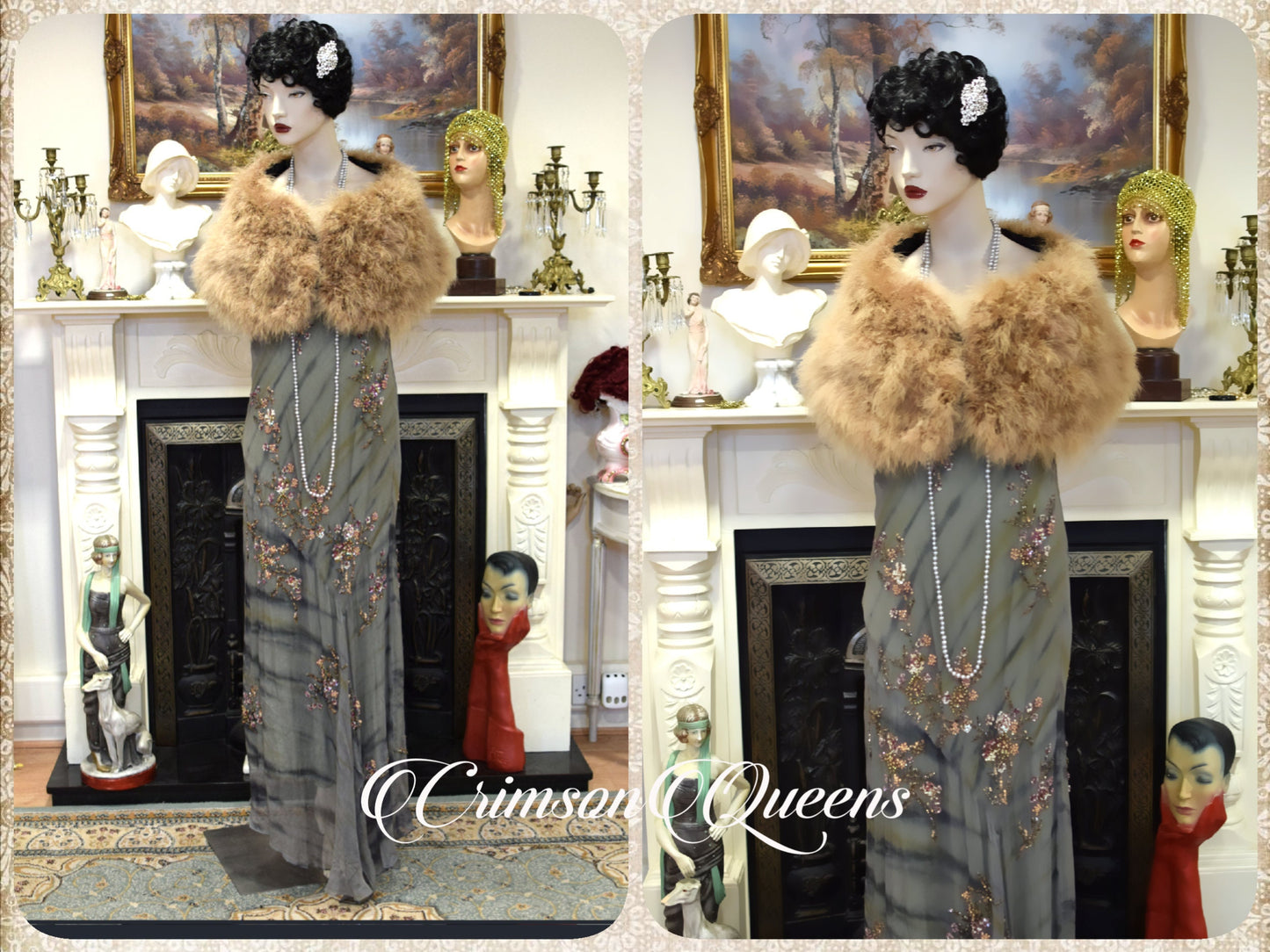 Vintage 1920s 1930s Art Deco all silk delicate grey silver with beaded clusters embellishments dress ballgown size UK 12 US 8