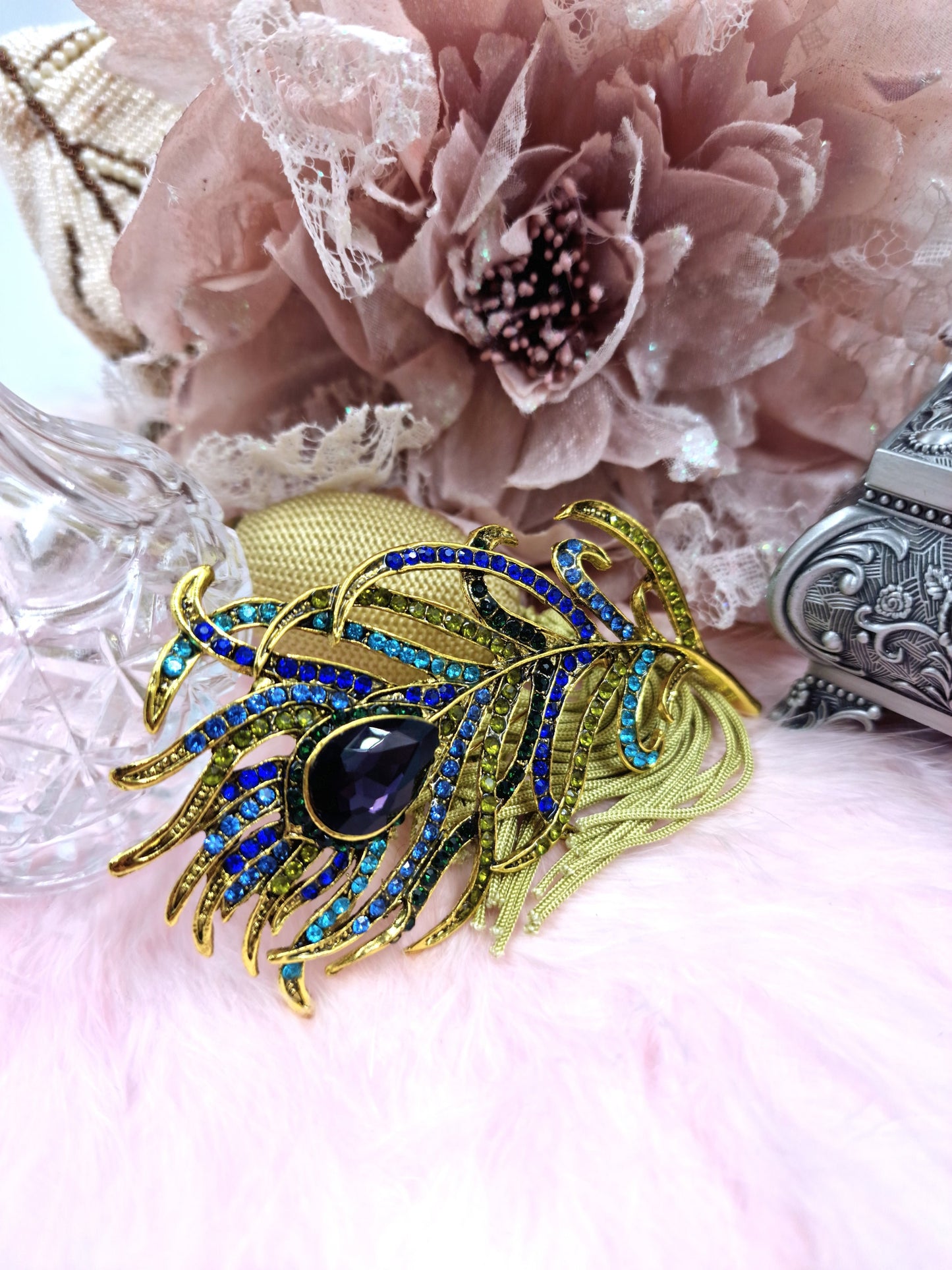 Vintage crystal Large Art Deco paste peacock feather leaf gold statement paste pin brooch